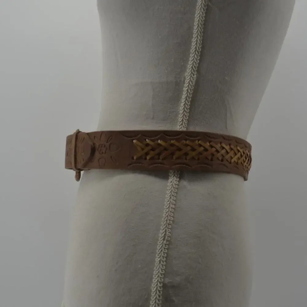 Western Leather Belt Tooled Stitched Brown Cowboy Size 28